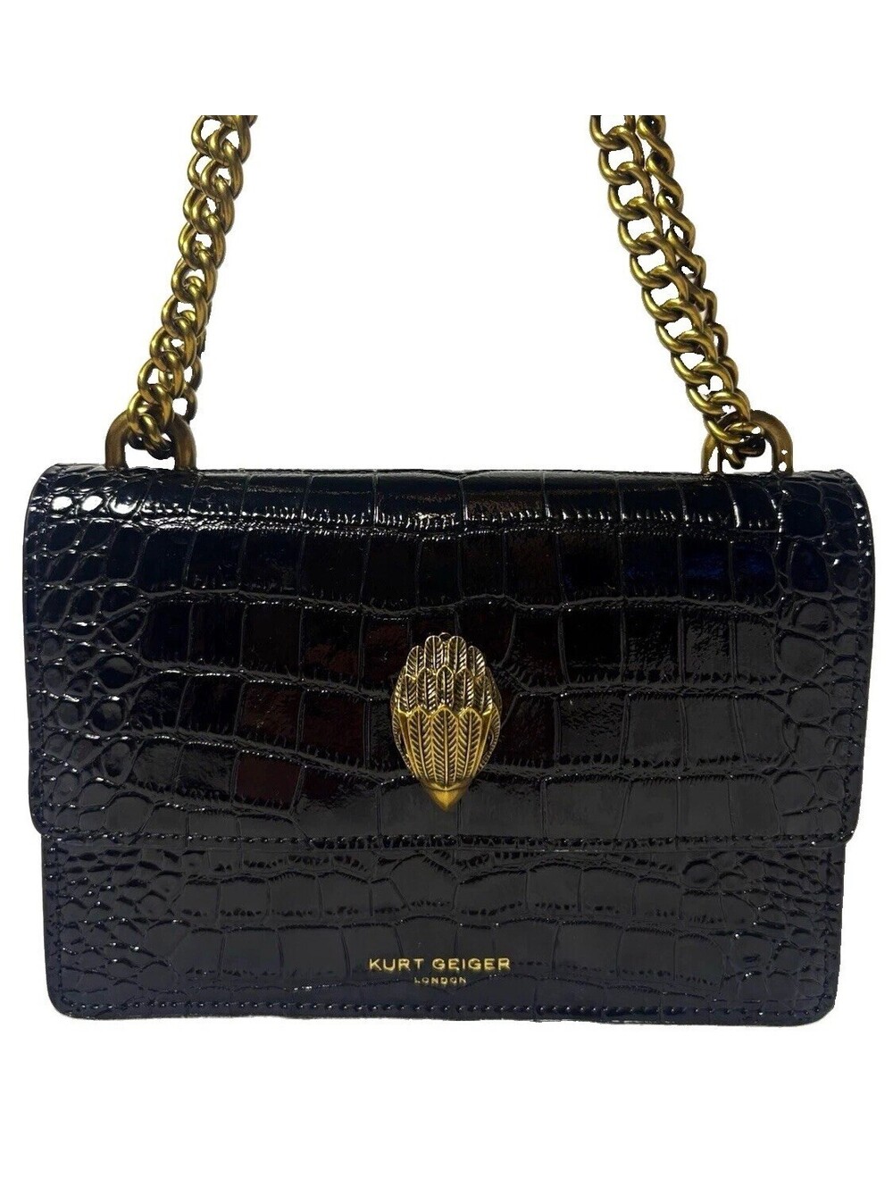 Kurt Geiger Black Croc Embossed Shoulder Bag Gold Chain Strap Magnetic Closure